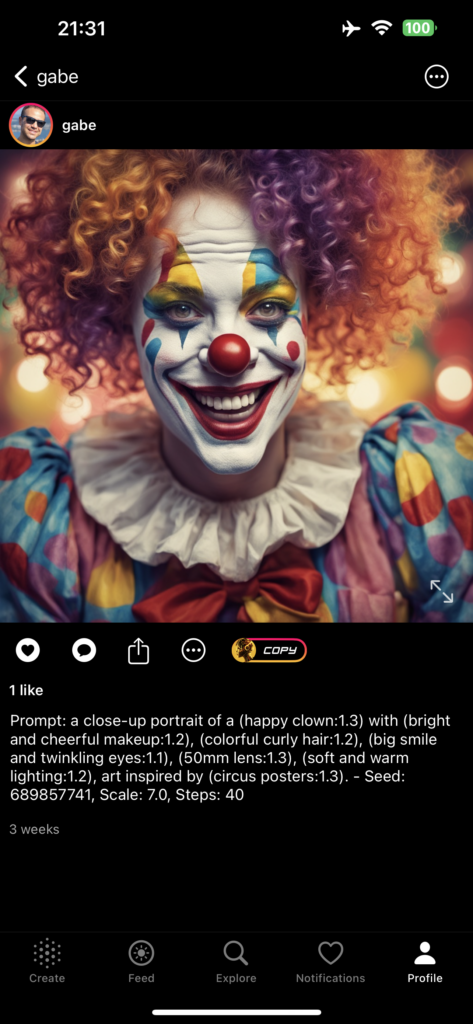 a close-up portrait of a (happy clown:1.3) with (bright and cheerful makeup:1.2), (colorful curly hair:1.2), (big smile and twinkling eyes:1.1), (50mm lens:1.3), (soft and warm lighting:1.2), art inspired by (circus posters:1.3).