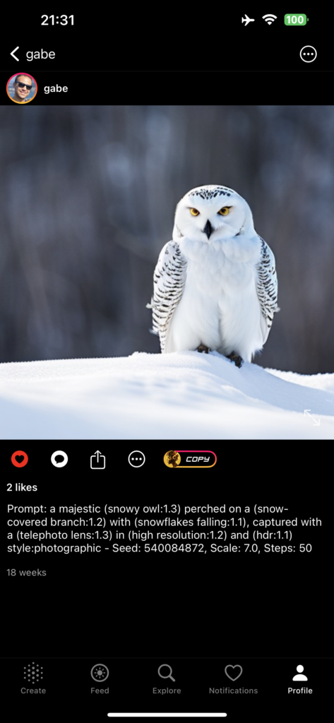 a majestic (snowy owl:1.3) perched on a (snow-covered branch:1.2) with (snowflakes falling:1.1), captured with a (telephoto lens:1.3) in (high resolution:1.2) and (hdr:1.1) style:photographic